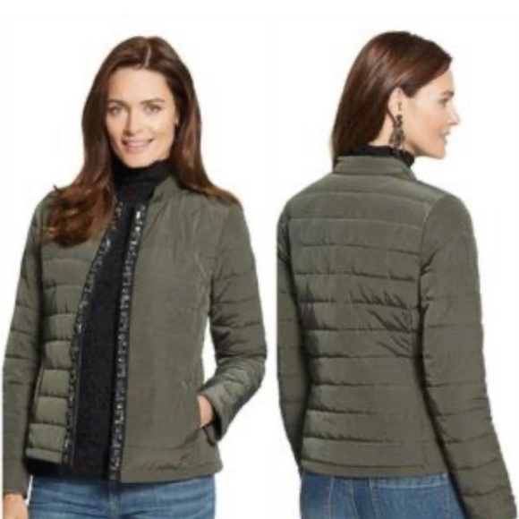 Chicos Jeweled Trim Olive Green Quilted Puffer Jacket Sz 2 (L/12) - Picture 2 of 13